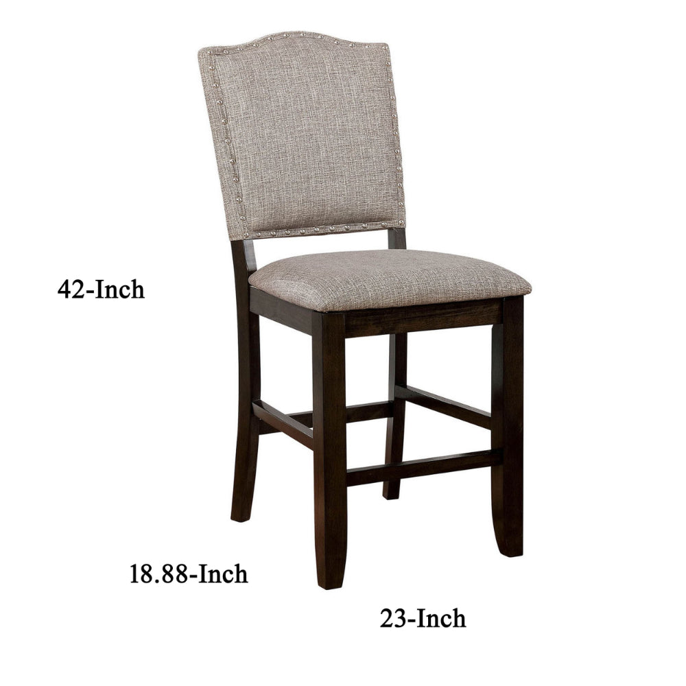 Fabric Upholstered Wooden Counter Height Chair with Camelback, Pack of Two, Gray and Brown