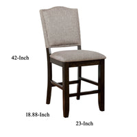 Fabric Upholstered Wooden Counter Height Chair with Camelback, Pack of Two, Gray and Brown