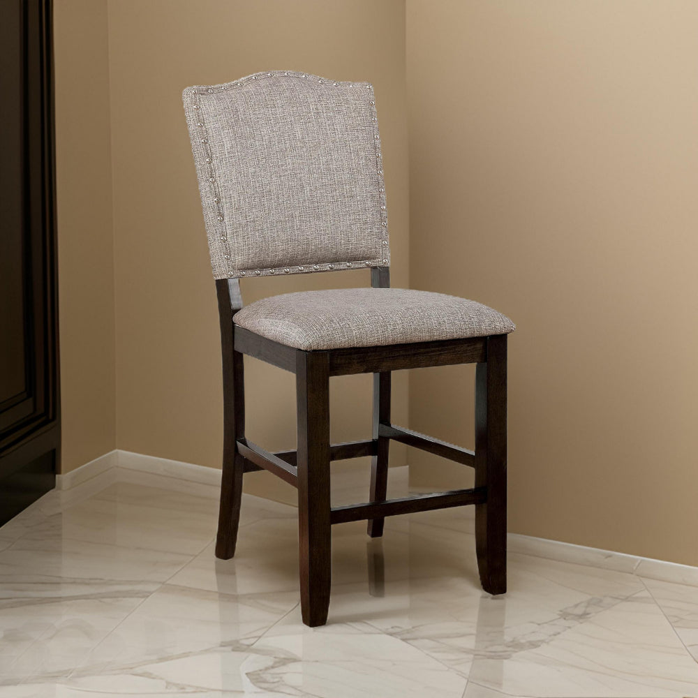 Fabric Upholstered Wooden Counter Height Chair with Camelback, Pack of Two, Gray and Brown