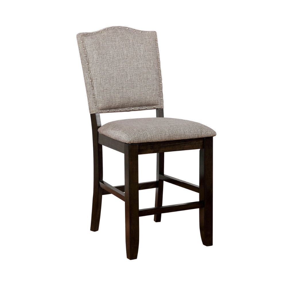 Fabric Upholstered Wooden Counter Height Chair with Camelback, Pack of Two, Gray and Brown