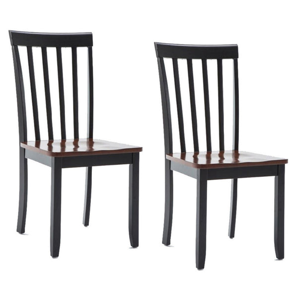 Wooden Seat Dining Chair with Slatted Backrest, Set of 2, Brown and Black - BM183350