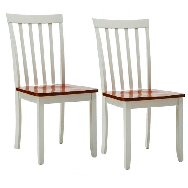 Wooden Seat Dining Chair with Slatted Backrest, Set of 2, Brown and White - BM183360