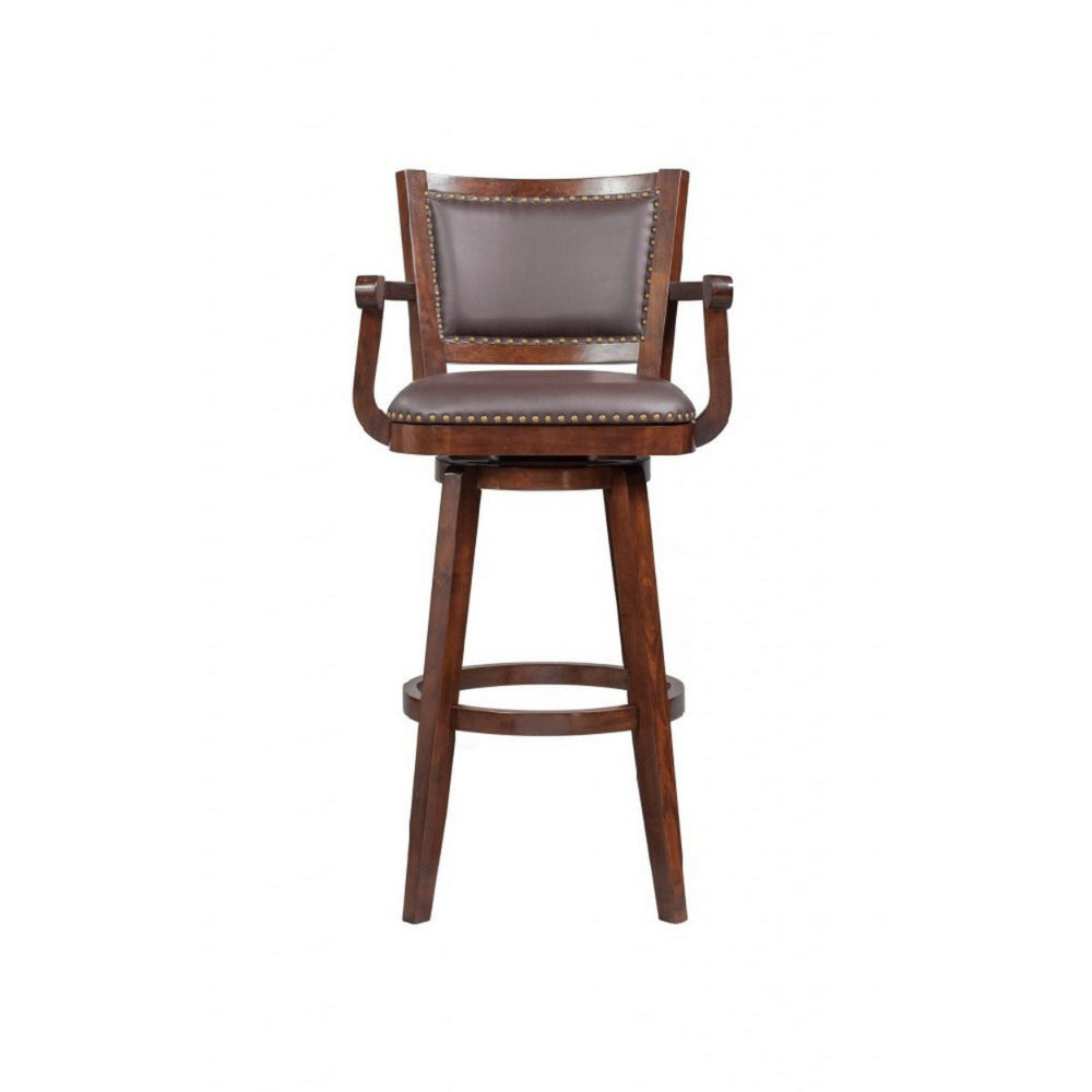 Nailhead Trim Faux Leather Upholstered Barstool with Wooden Arms, Dark Brown - BM183375