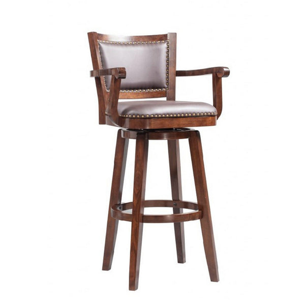 Nailhead Trim Faux Leather Upholstered Barstool with Wooden Arms, Dark Brown - BM183375