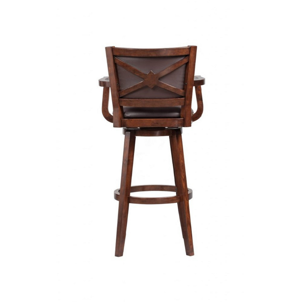 Nailhead Trim Faux Leather Upholstered Barstool with Wooden Arms, Dark Brown - BM183375