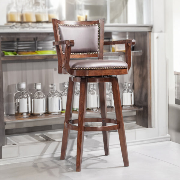 Nailhead Trim Faux Leather Upholstered Barstool with Wooden Arms, Dark Brown - BM183375