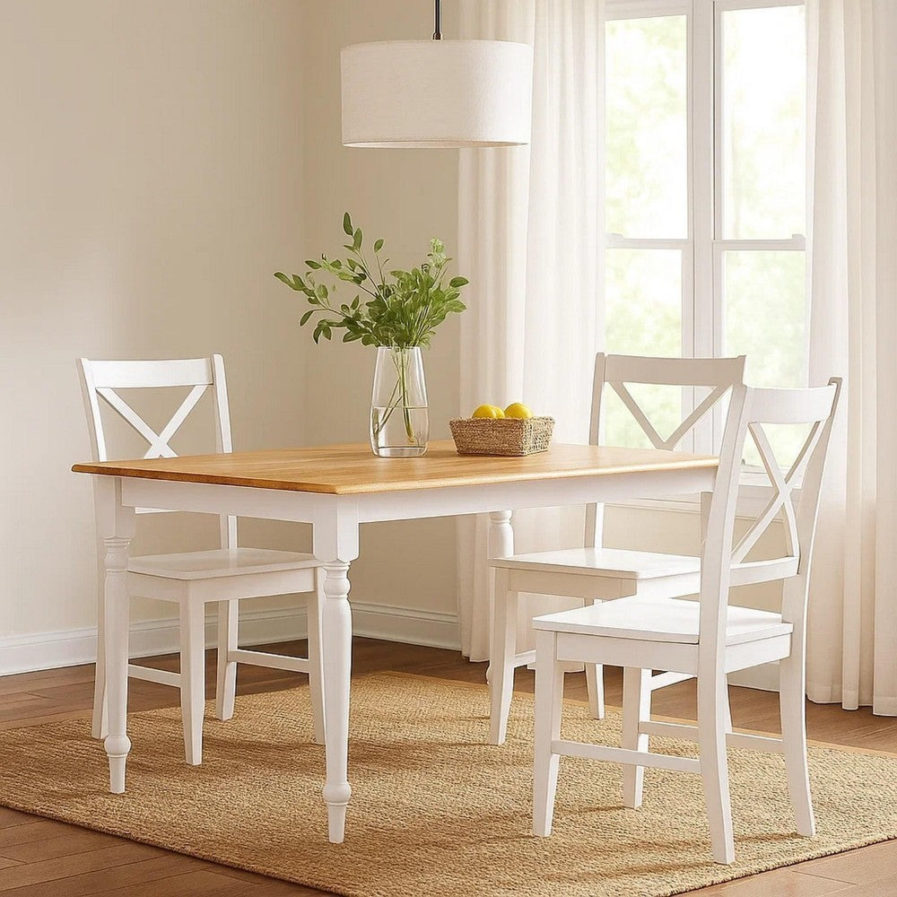 Grained Rectangular Wooden Dining Table with Turned legs, Brown and White - BM183400