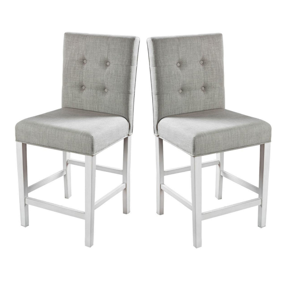 Fabric Upholstered Solid Wood Counter Height Chair, White and Gray, Pack of Two