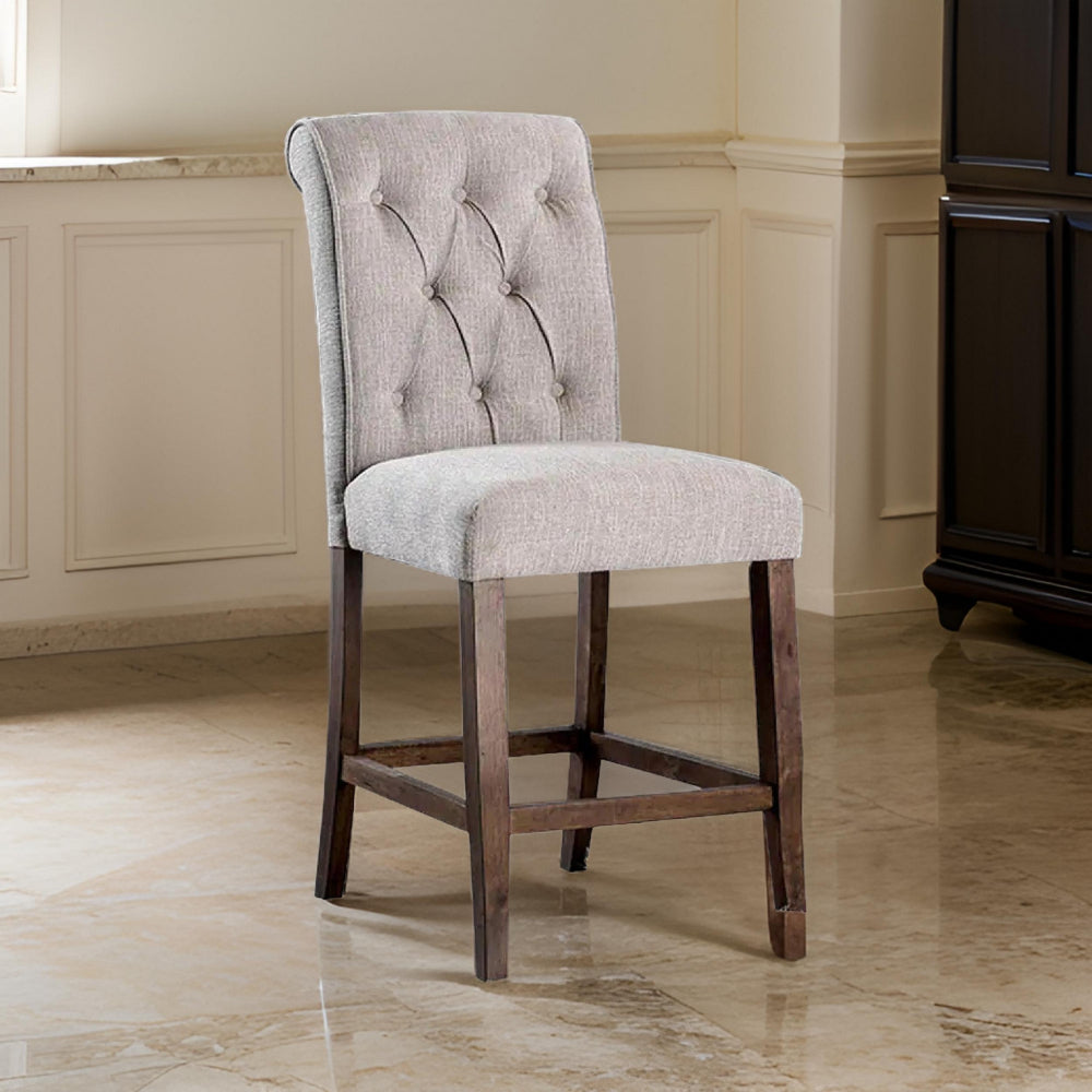 Wooden Fabric Upholstered Counter Height Chair, Cream And Brown, Pack Of Two