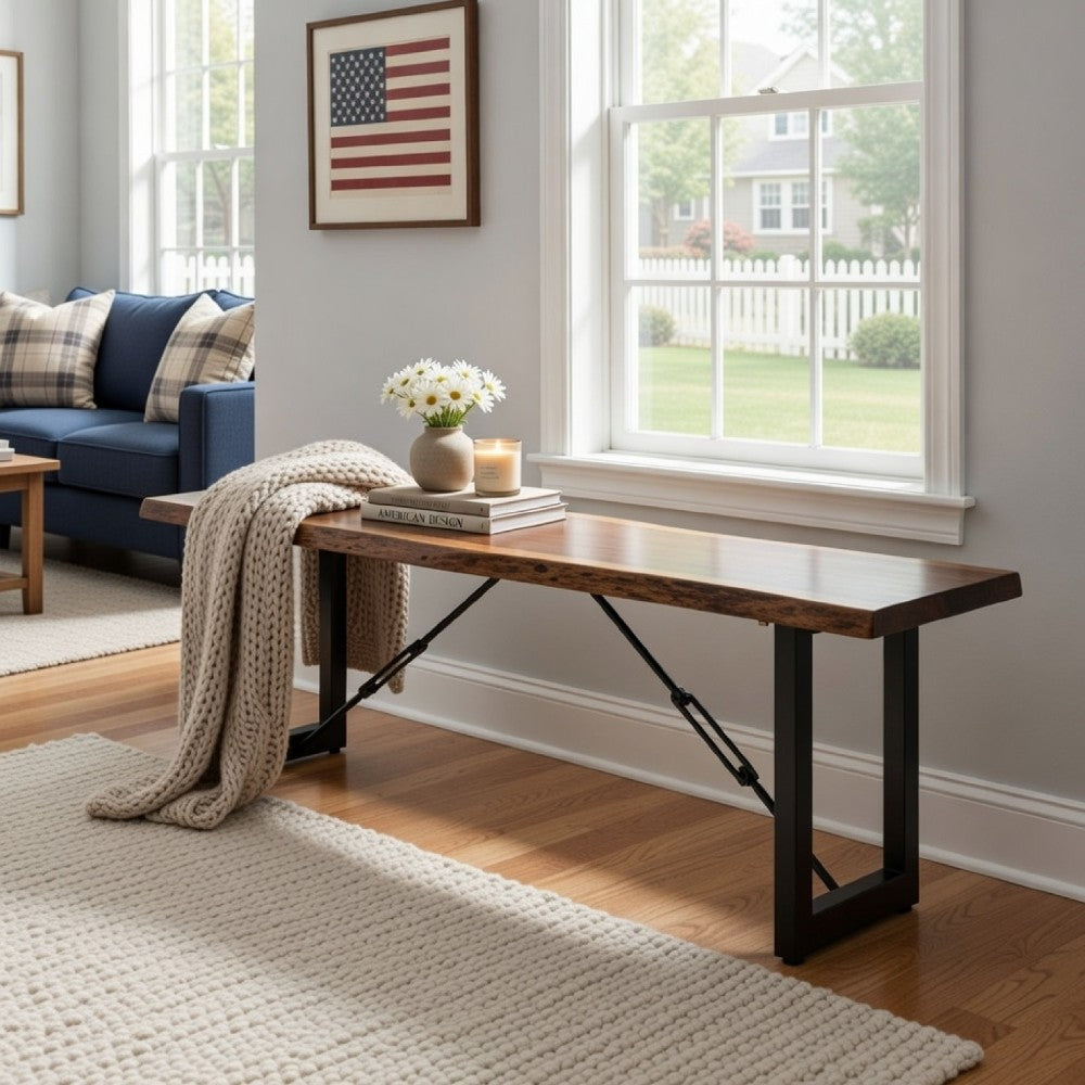 Rectangular Metal Frame Bench with Wooden Seat, Black and Brown