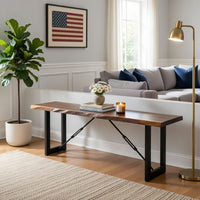 Rectangular Metal Frame Bench with Wooden Seat, Black and Brown