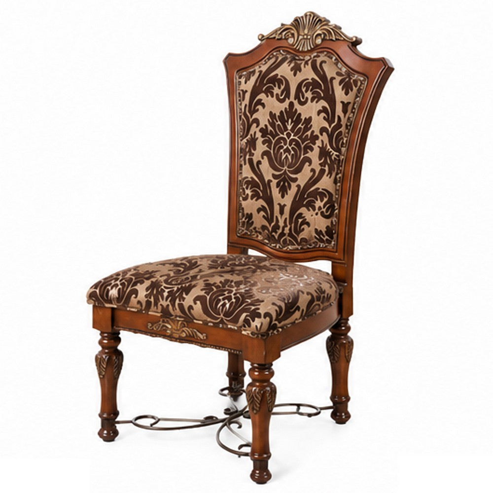 Wooden Fabric Upholstered Side Chair With Floral Print, Brown, Pack Of Two - BM183666