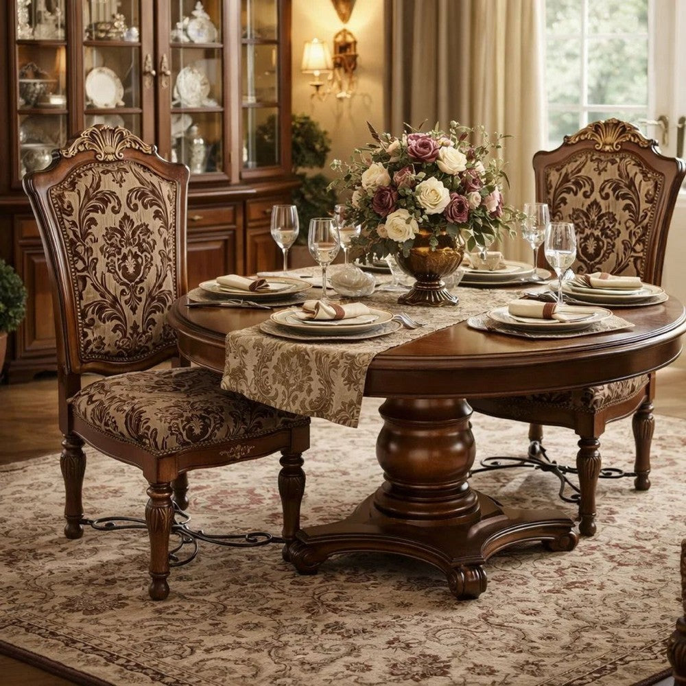 Wooden Fabric Upholstered Side Chair With Floral Print, Brown, Pack Of Two - BM183666