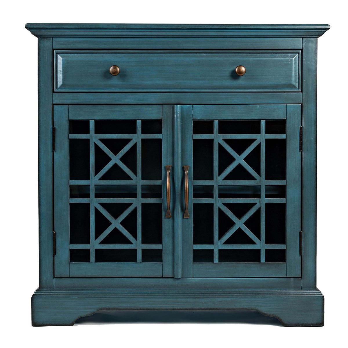 Craftsman Series 32 Inch Wooden Accent Cabinet with Fretwork Glass Front, Blue - BM183988