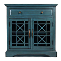 Craftsman Series 32 Inch Wooden Accent Cabinet with Fretwork Glass Front, Blue - BM183988
