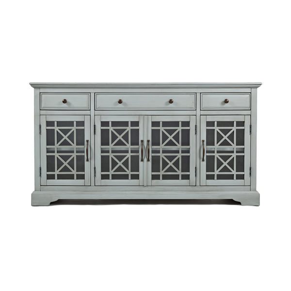 Koi 60 Inch Acacia Wood TV Media Entertainment Center Console, 4 Glass Doors, Crossed Wood Design, Dove Gray - BM184061