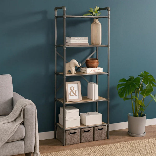 Five Tier Metal Bookshelf With Wooden Shelves, Oak Brown & Gray - AMF-97164