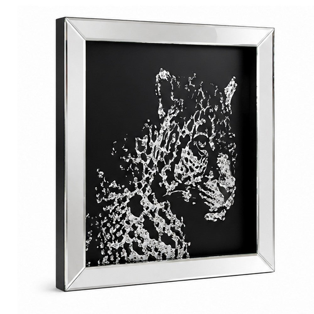 32'' Leopard Design Wall Decor with Faux Crystal Inlay, Silver - BM184757