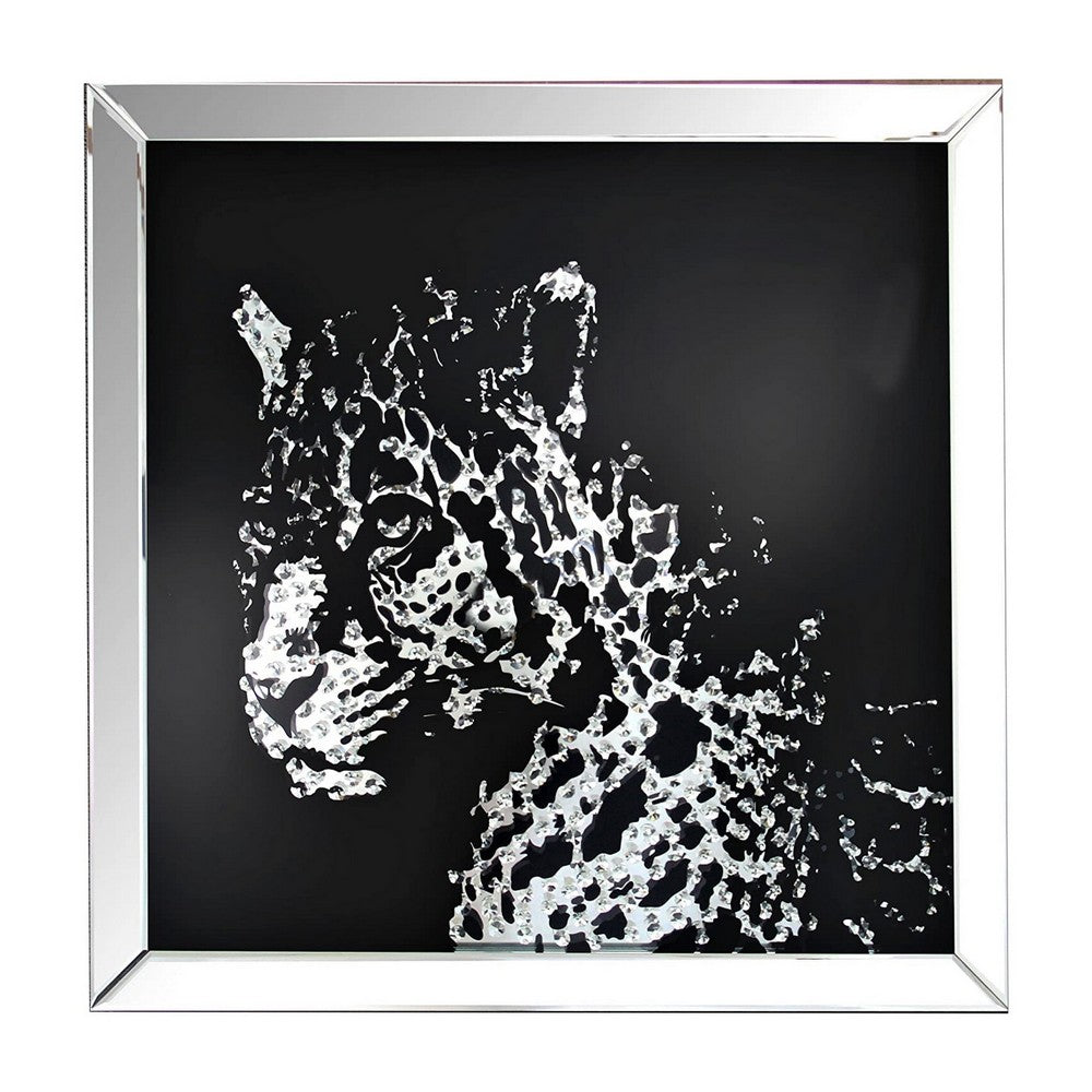 32'' Leopard Design Wall Decor with Faux Crystal Inlay, Silver - BM184757