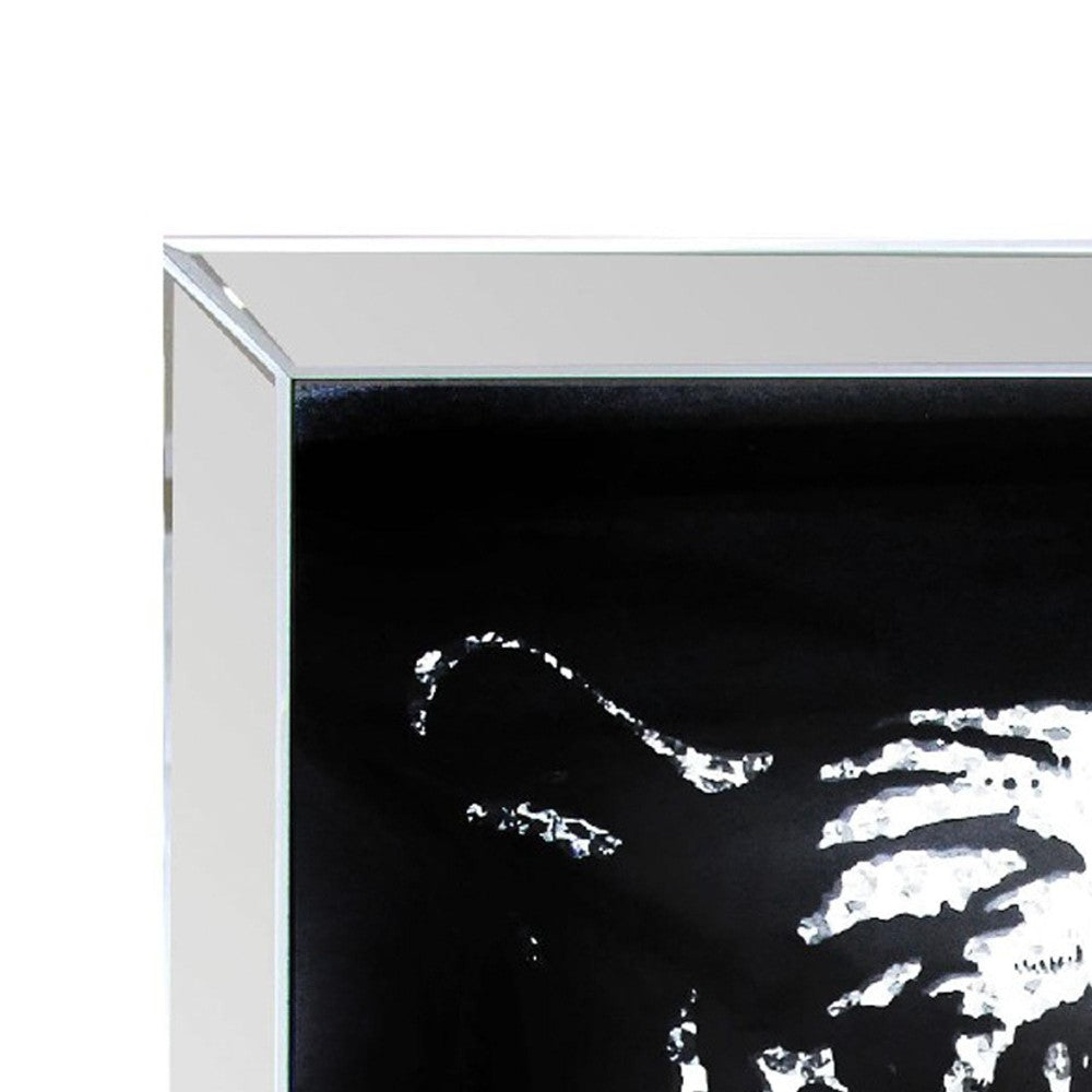 Rectangular Mirror framed Tiger Wall Decor With Crystal Inlays, Black & Silver - BM184759