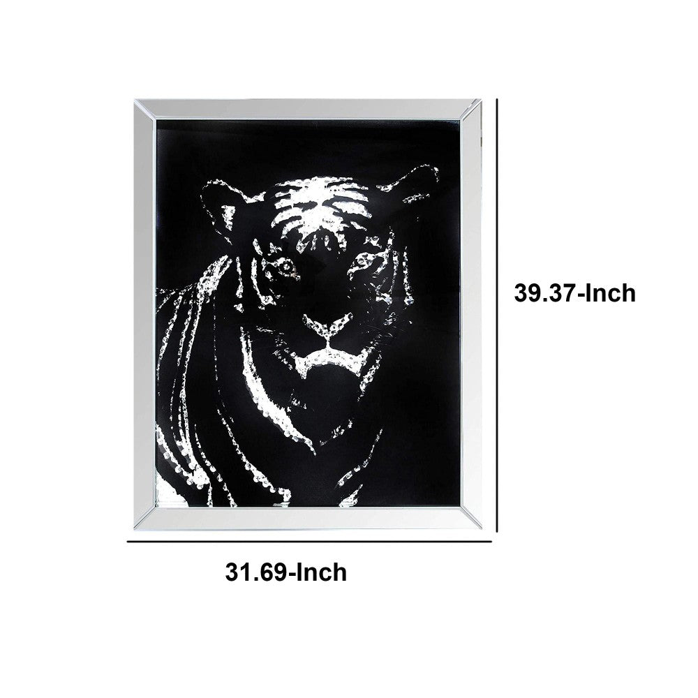 Rectangular Mirror framed Tiger Wall Decor With Crystal Inlays, Black & Silver - BM184759