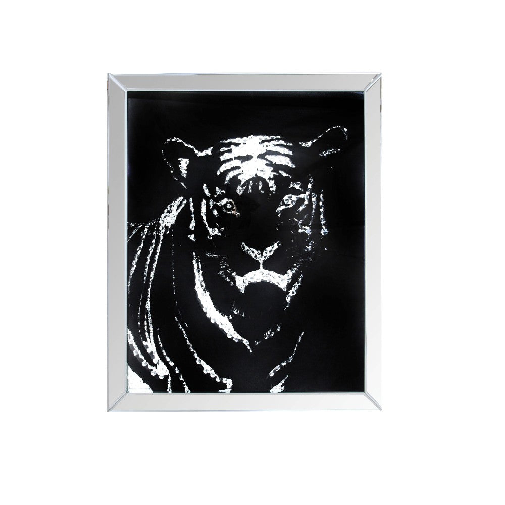 Rectangular Mirror framed Tiger Wall Decor With Crystal Inlays, Black & Silver - BM184759