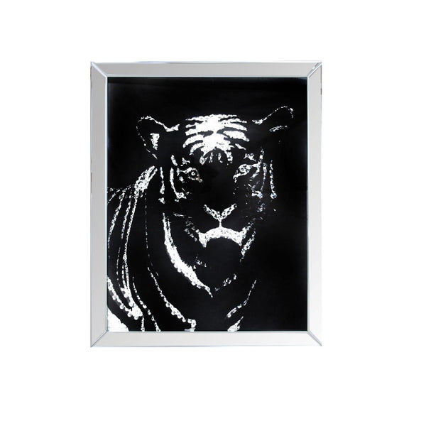 Rectangular Mirror framed Tiger Wall Decor With Crystal Inlays, Black & Silver - BM184759