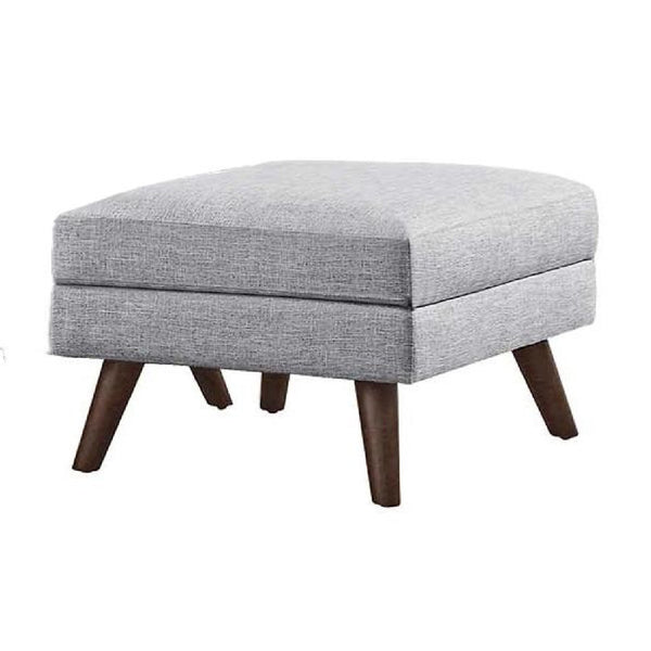 Fabric Upholstered Ottoman With Tappered Wooden Legs, Light Gray and Brown