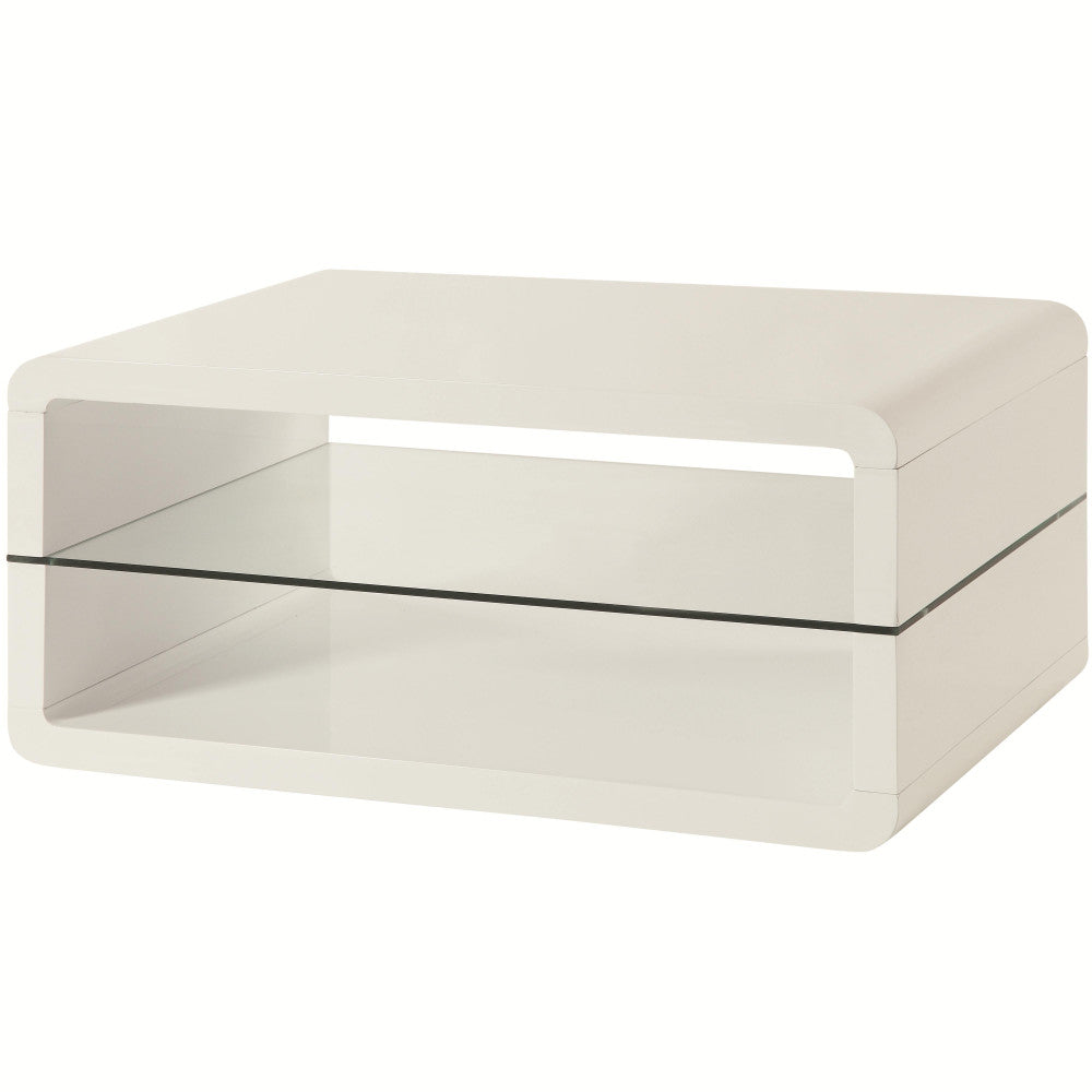 Modern Coffee Table With Rounded Corners & Clear Tempered Glass Shelf, White