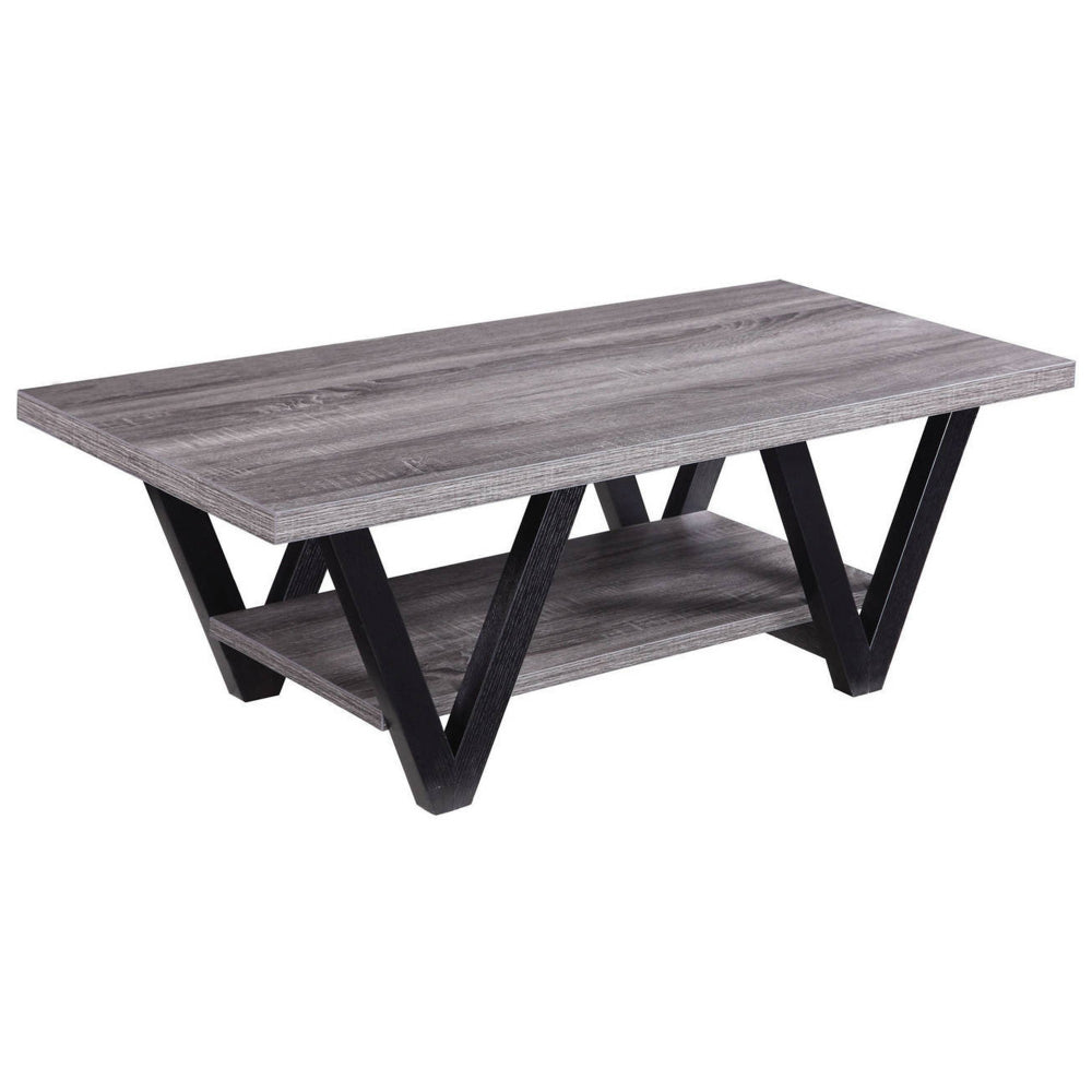 Zigzag Contemporary Solid Wooden Coffee Table With Bottom Shelf, Gray And Black