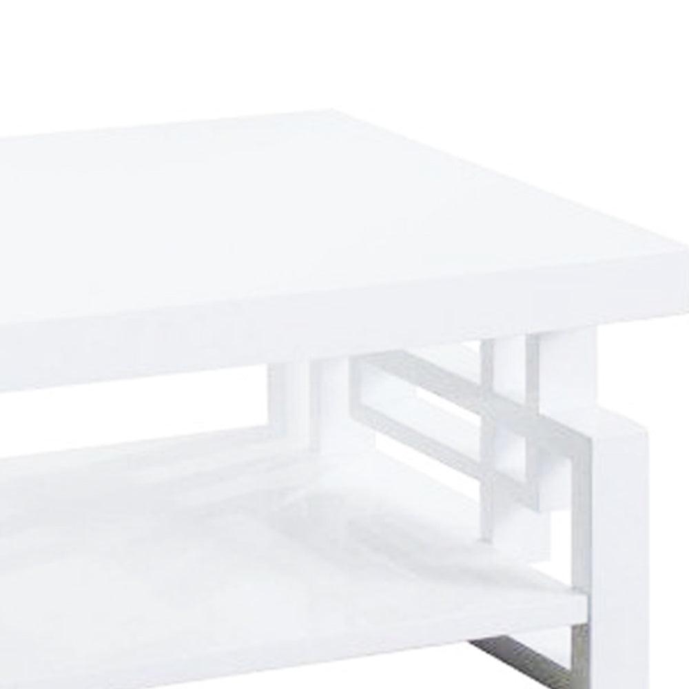 Contemporary Wooden Coffee End Table With Designer Sides & Shelf, Glossy White