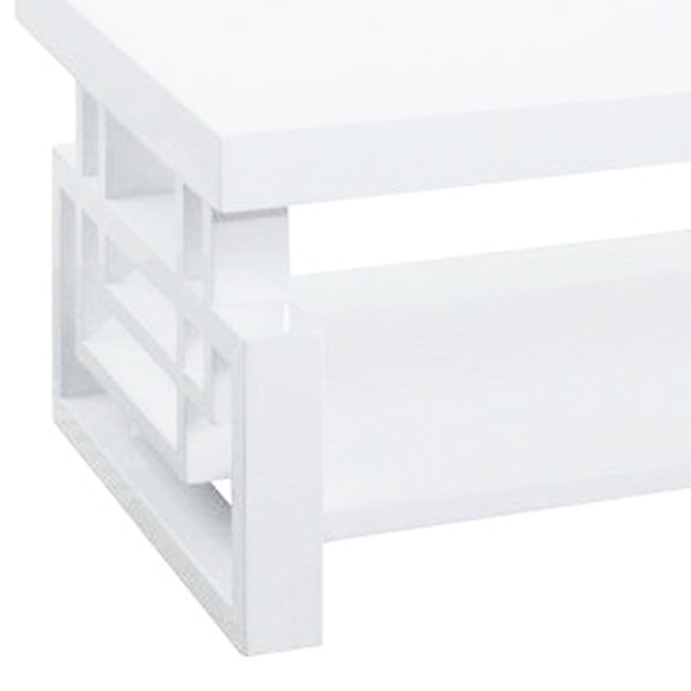 Contemporary Wooden Coffee End Table With Designer Sides & Shelf, Glossy White