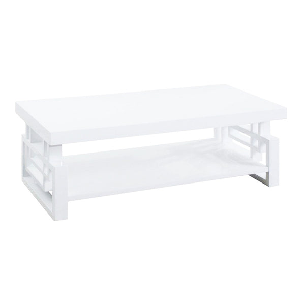 Contemporary Wooden Coffee End Table With Designer Sides & Shelf, Glossy White