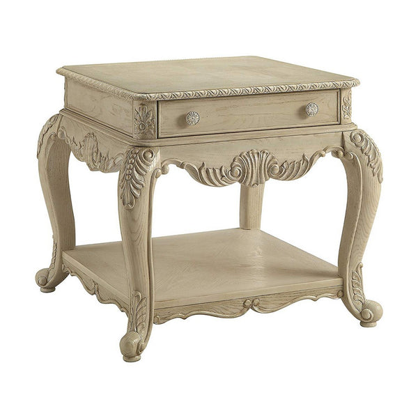 Wooden End Table With One Drawer And Bottom Shelf, Antique White - AMF-86022