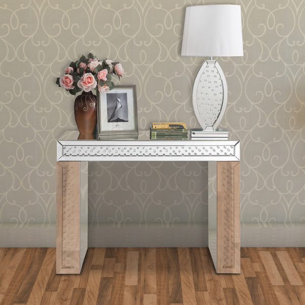BM185336 Mirror Accented Wood And Glass Vanity Desk With Faux Crystal Inlay, Silver