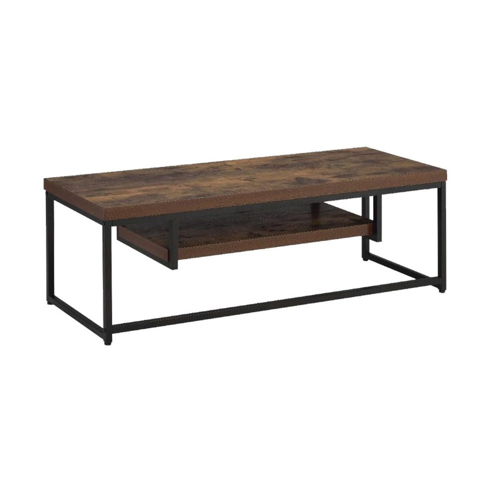 Wood And Metal TV Stand With One Shelf, Weathered Oak Brown And Black - AMF-91780