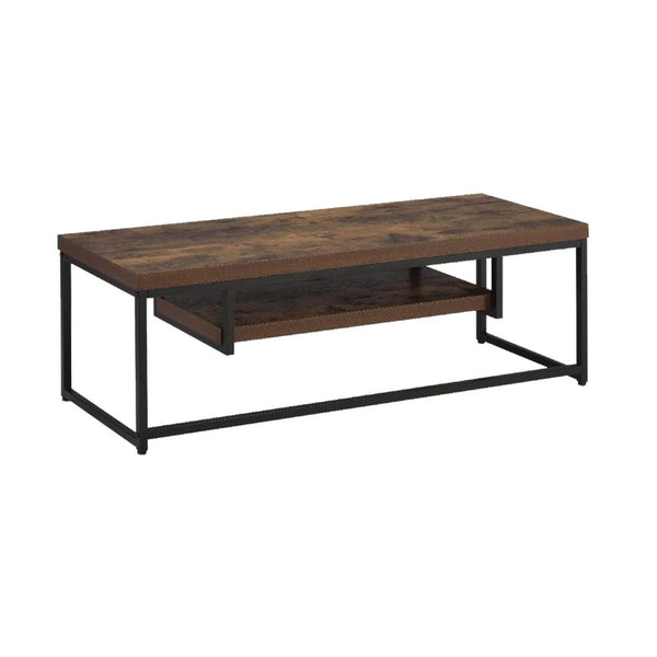 Wood And Metal TV Stand With One Shelf, Weathered Oak Brown And Black - AMF-91780