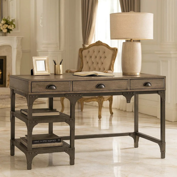 Wooden and Metal Desk With Three Drawers and 2 Side Shelves, Brown And Gray - BM185351