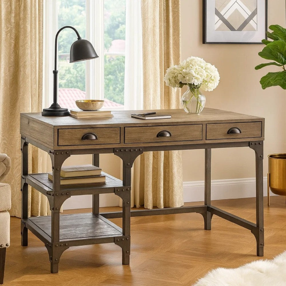 Wooden and Metal Desk With Three Drawers and 2 Side Shelves, Brown And Gray - BM185351