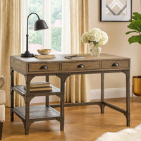Wooden and Metal Desk With Three Drawers and 2 Side Shelves, Brown And Gray - BM185351