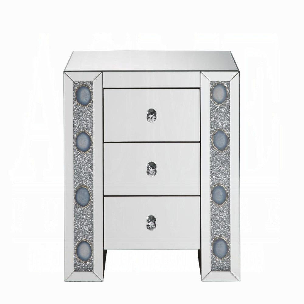 BM185407 Wood & Mirror Nightstand with Agate Inserts, Silver