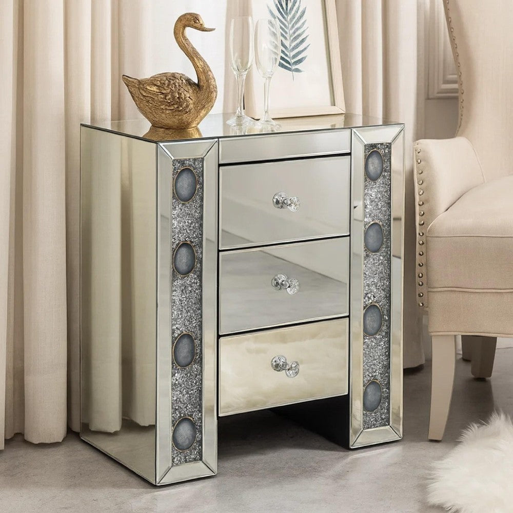 BM185407 Wood & Mirror Nightstand with Agate Inserts, Silver