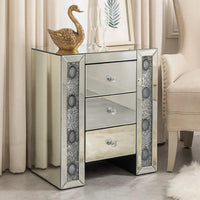 BM185407 Wood & Mirror Nightstand with Agate Inserts, Silver