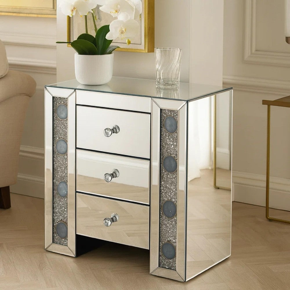 BM185407 Wood & Mirror Nightstand with Agate Inserts, Silver