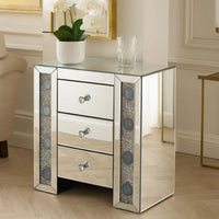 BM185407 Wood & Mirror Nightstand with Agate Inserts, Silver