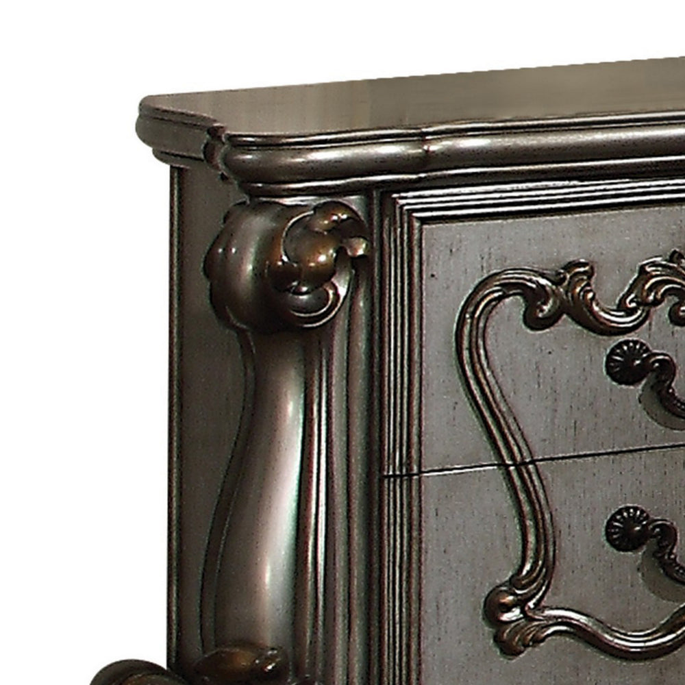 BM185471 Two Drawer Nightstand With Oversized Scrolled Legs In Antique Platinum Finish