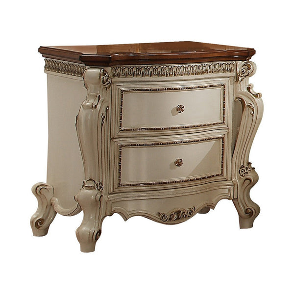 BM185477 Two Drawer Nightstand With Cabriole Legs, Antique Pearl & Cherry Oak
