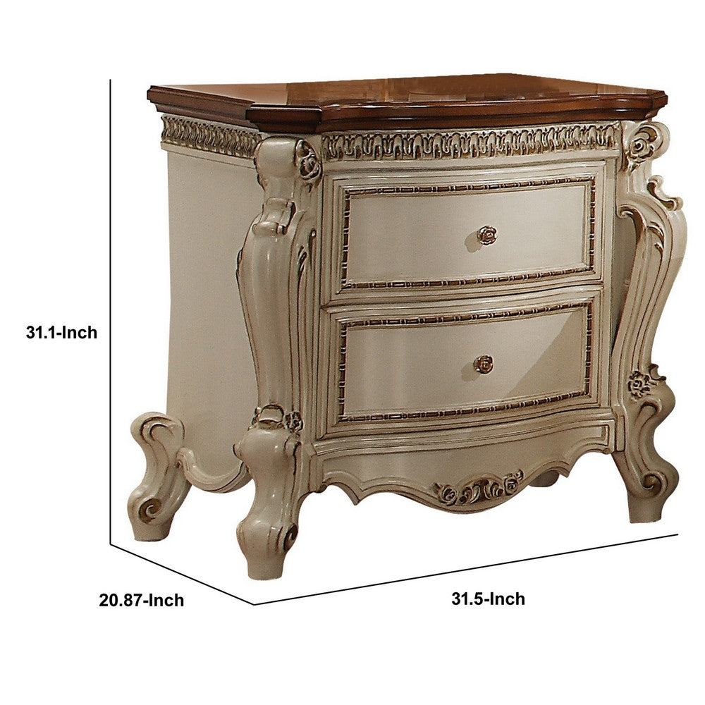 BM185477 Two Drawer Nightstand With Cabriole Legs, Antique Pearl & Cherry Oak