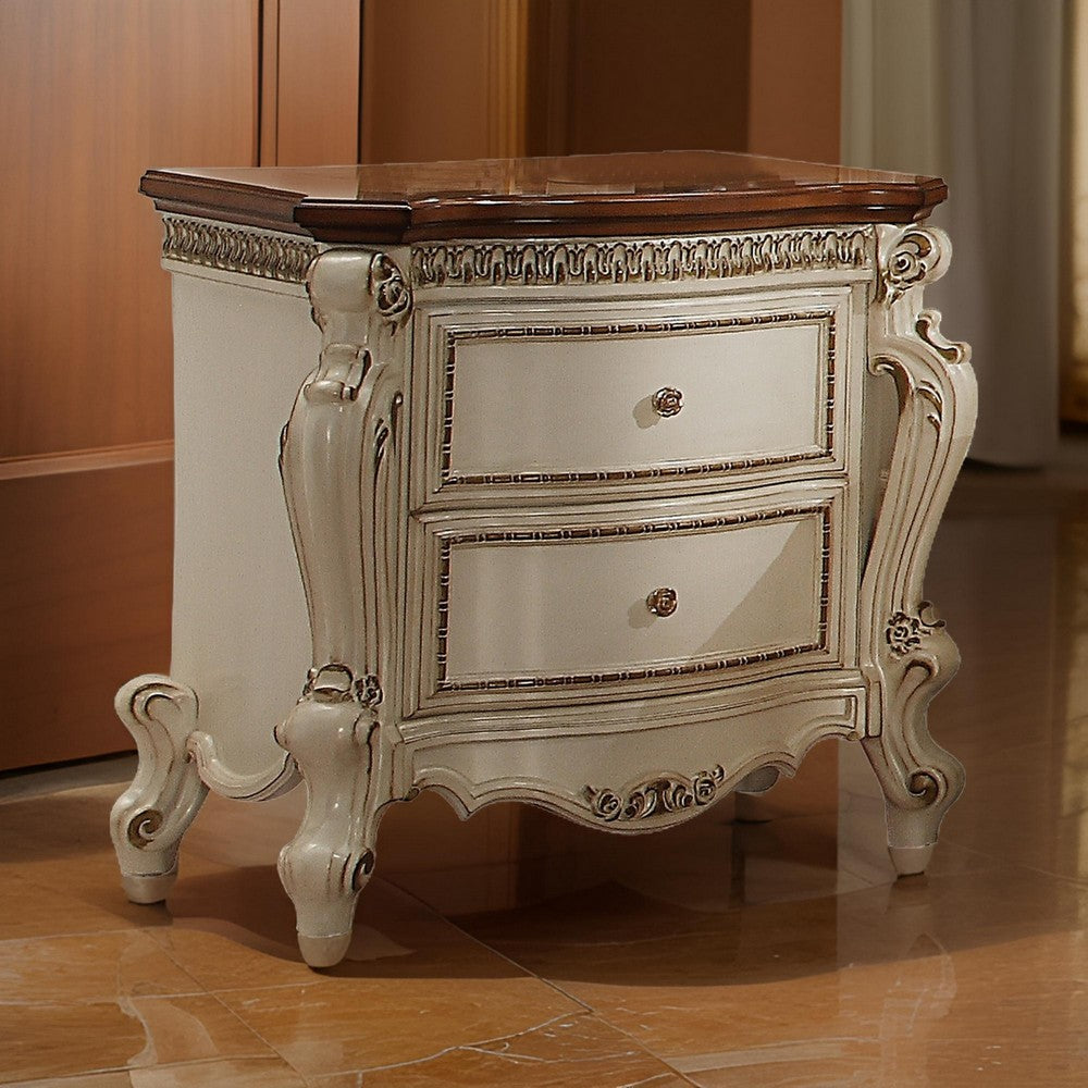 BM185477 Two Drawer Nightstand With Cabriole Legs, Antique Pearl & Cherry Oak