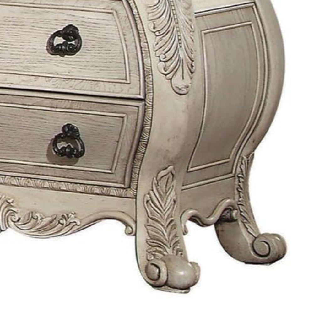 Three Drawer Wooden Nightstand With Scrolled Feet, Antique White - BM185484